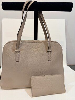 Kate Spade New York Maise Leather Satchel Tote Greige Taupe + Matching Wallet